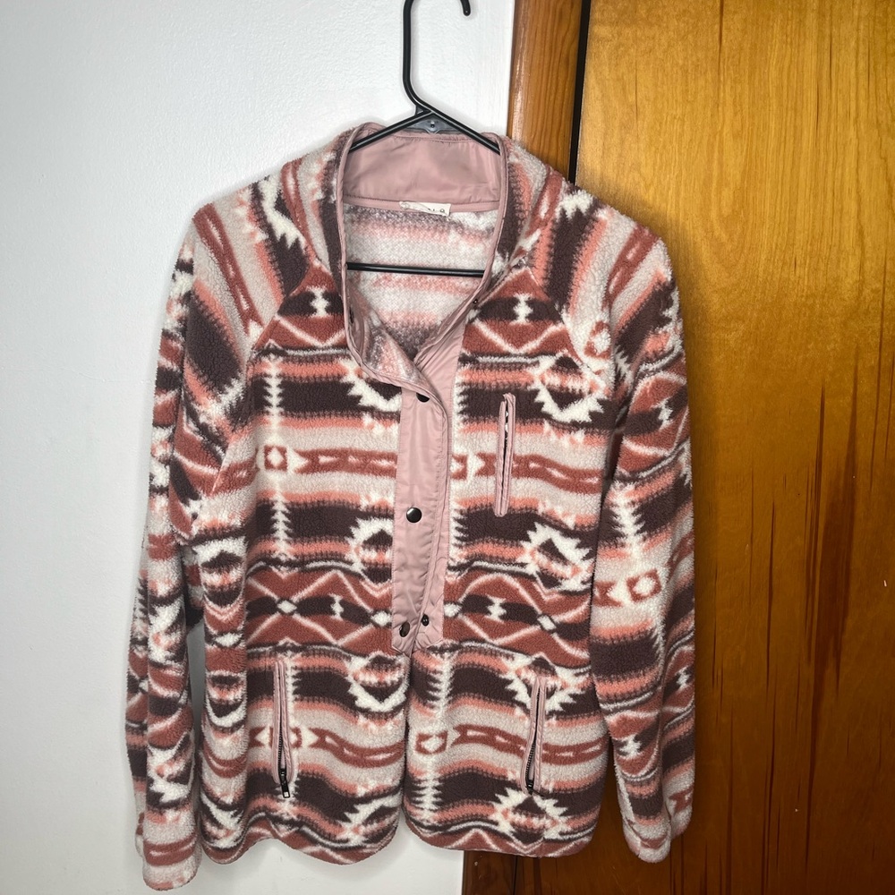 Kori S Small Aztec Boho  Western Cardigan - Pink and White Sherpa jacket